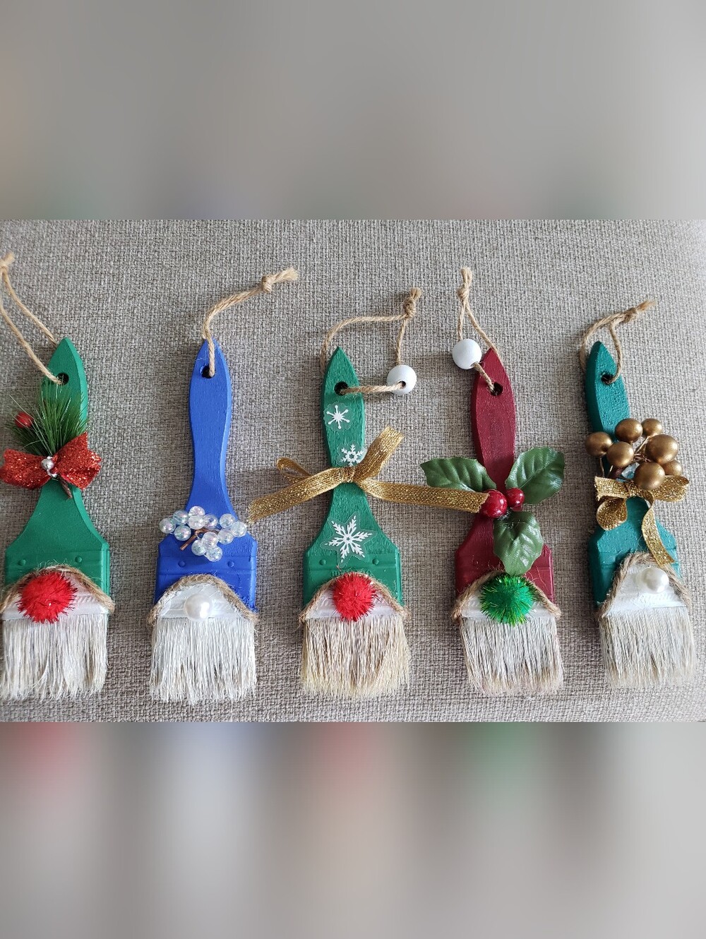 Santa's Little Helpers Painted Paintbrush Ornaments - Blue, Green, Red